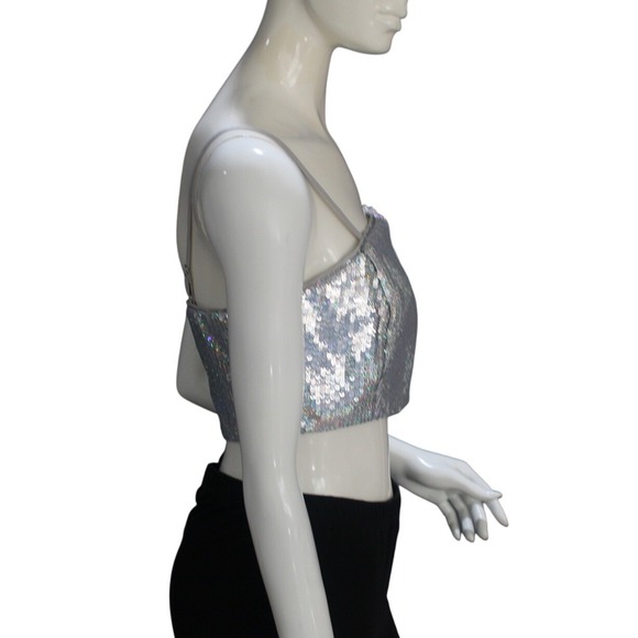 GB Silver Sequin Crop Top Bandeau Style Spaghetti Straps Size M NWT - Picture 4 of 8